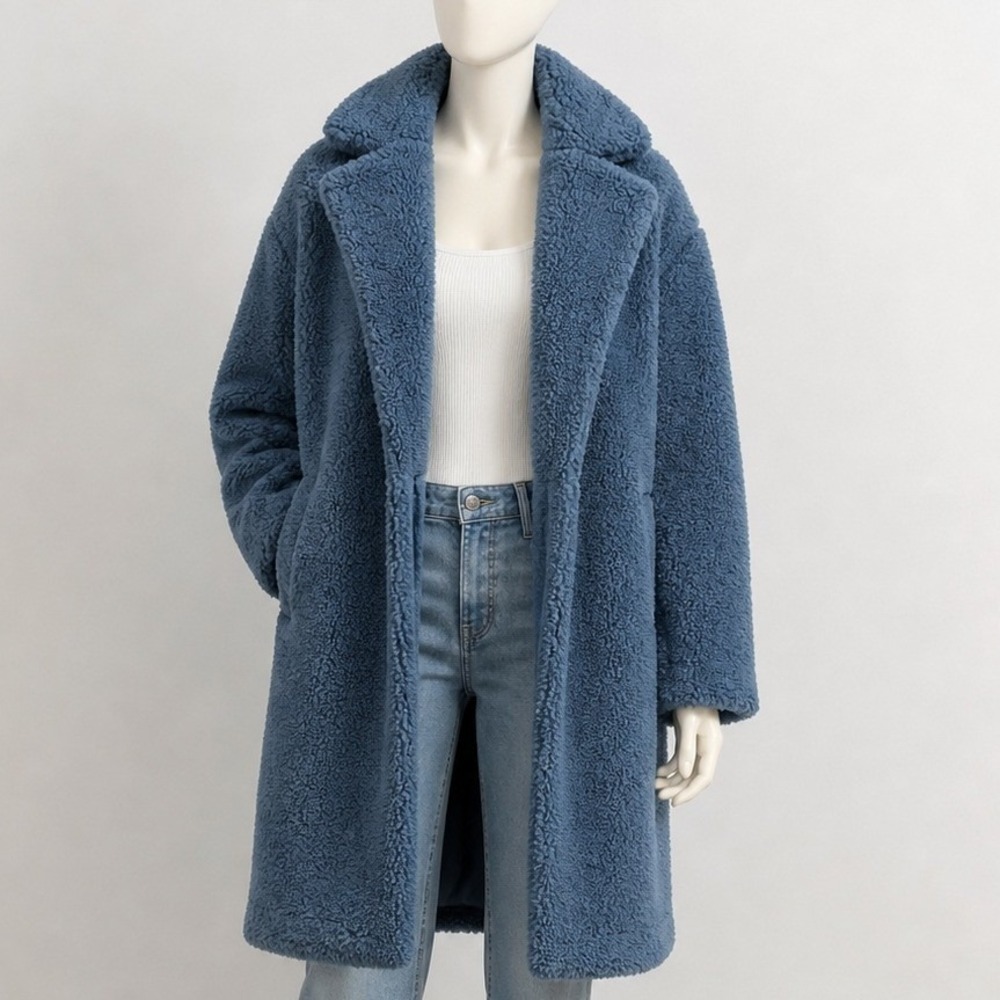 LOFT Womens Teddy Coat Blue Faux Fur Sherpa Notched Lapel XS